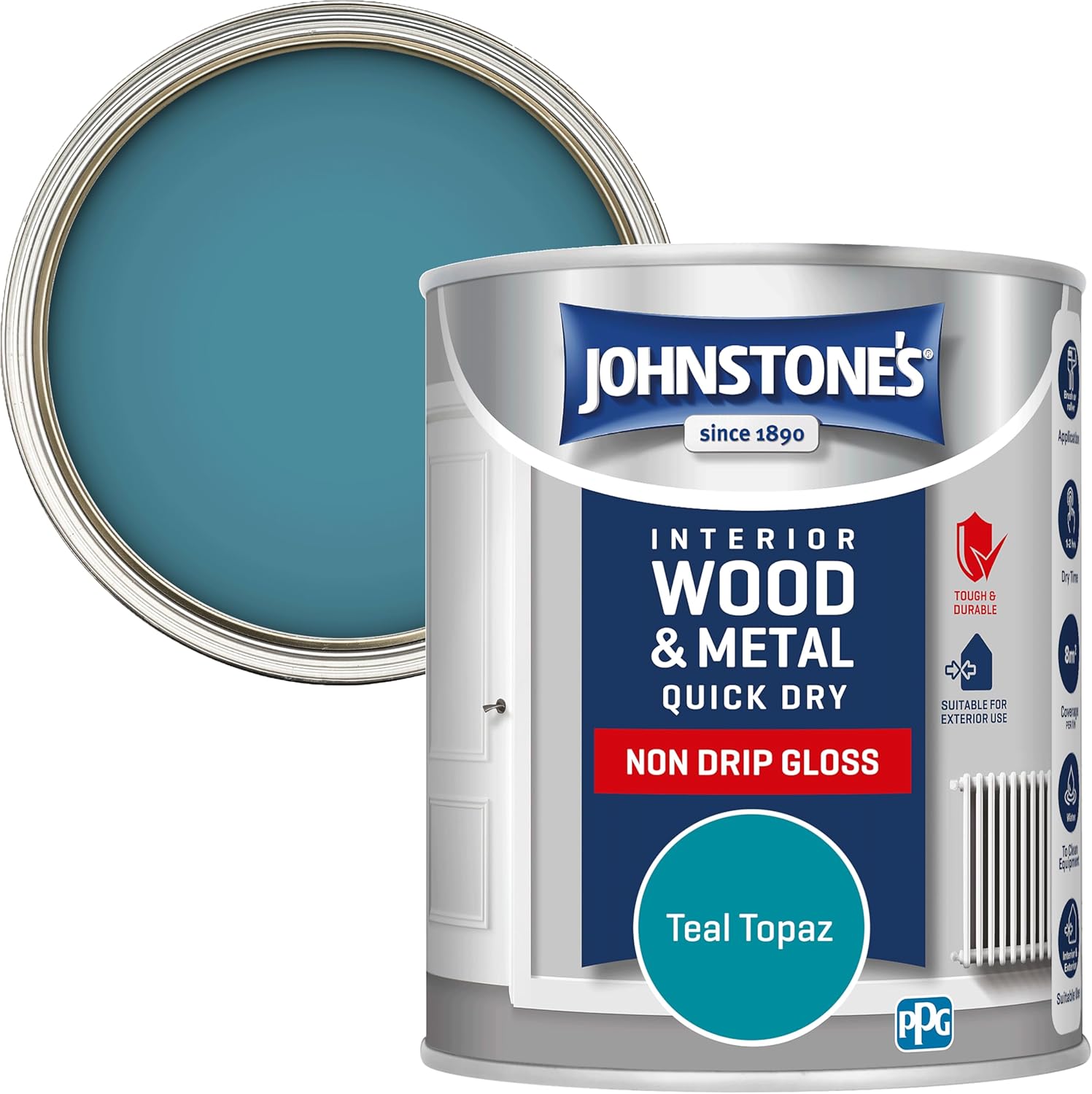 Johnstone's - Wood & Metal Paint - Gloss Finish - Teal Topaz - 750ml - Water Based - Non Drip & Quick Drying - Radiator Paint - Low Odour - Dry in 1-2 Hours - 8m2 Coverage per Litre
