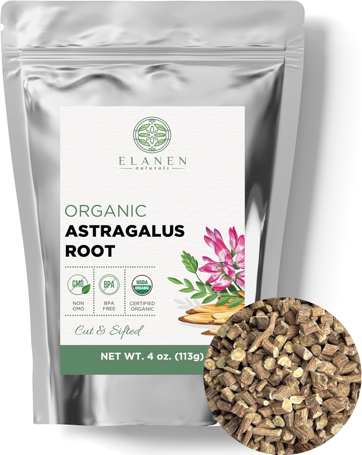 Organic Astragalus Root 4 oz. (113g), USDA Certified Organic Astragalus Membranaceus Dried Root Tea, Huang Qi, Cut & Sifted