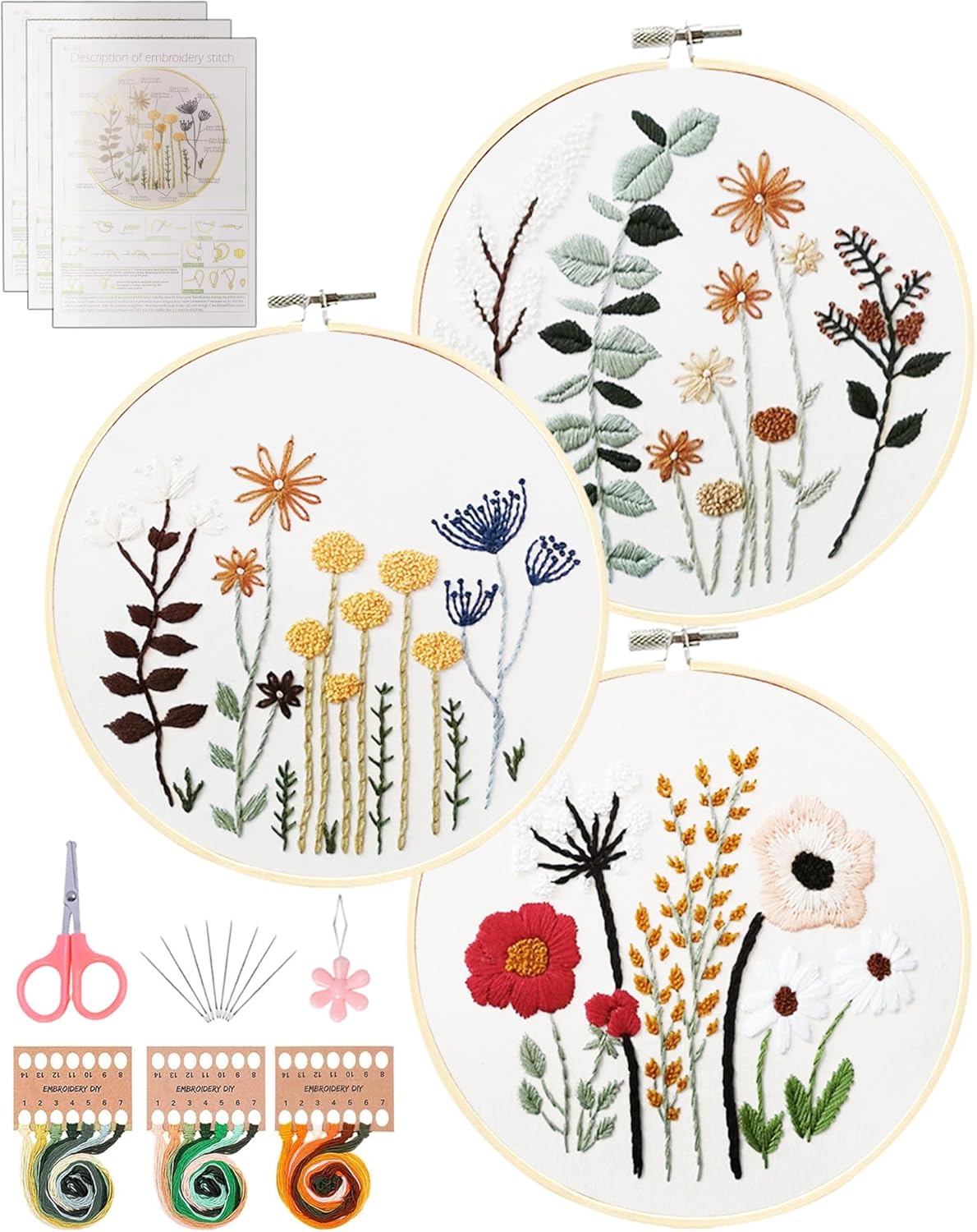 Santune 3 Sets Embroidery Kit,Cross Stitch Kits for Beginners,Needlepoint Kits for Adults with Easy Floral Pattern Hand Crafts,Hoop,Needle,Mothers Day Gifts