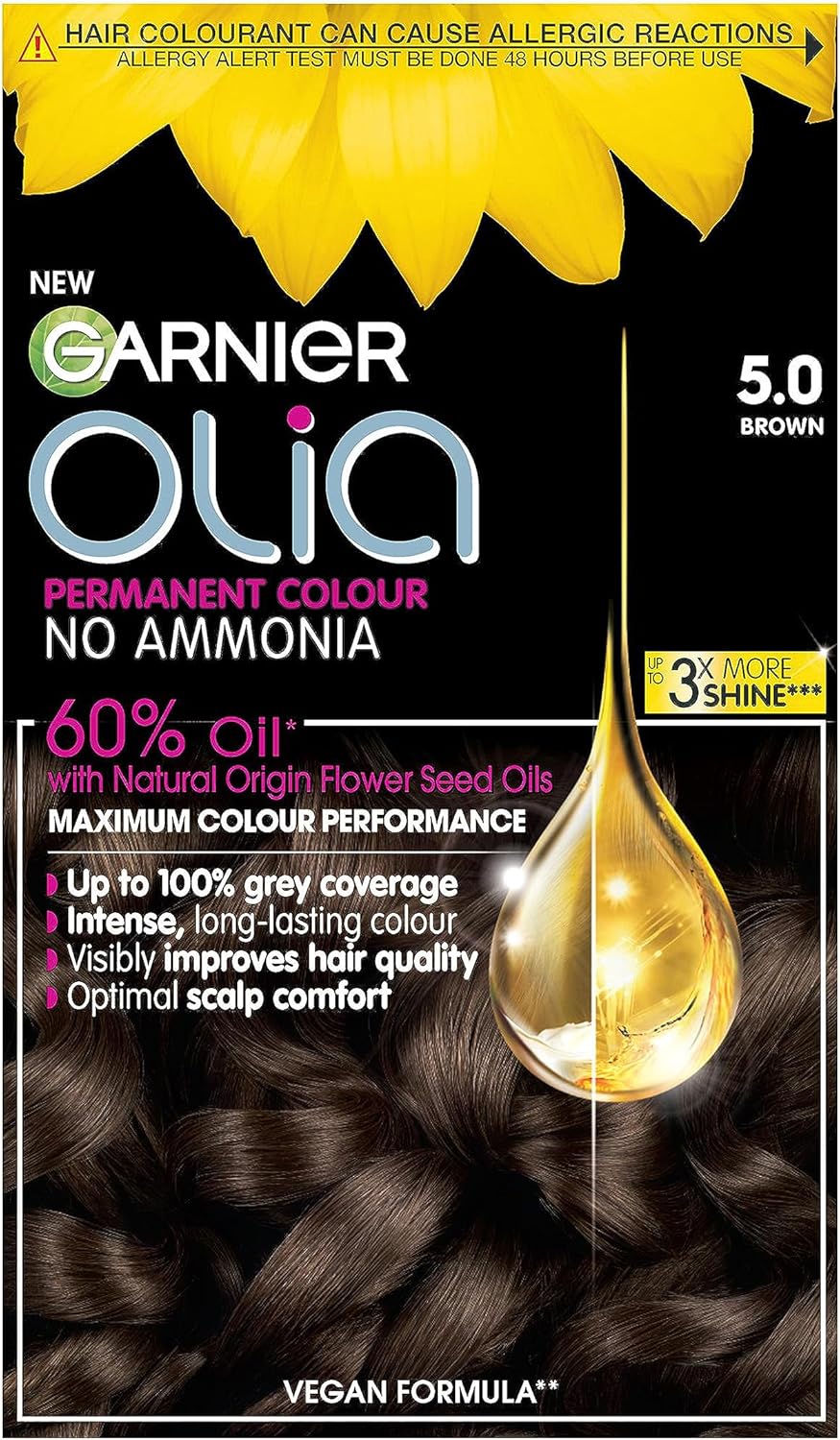 Garnier Olia 5.0 Brown Permanent Hair Dye, Up to 100% Grey Hair Coverage, Visibly Improved Hair Quality, 3X More Shine, No Ammonia & 60% Oil Powered Formula