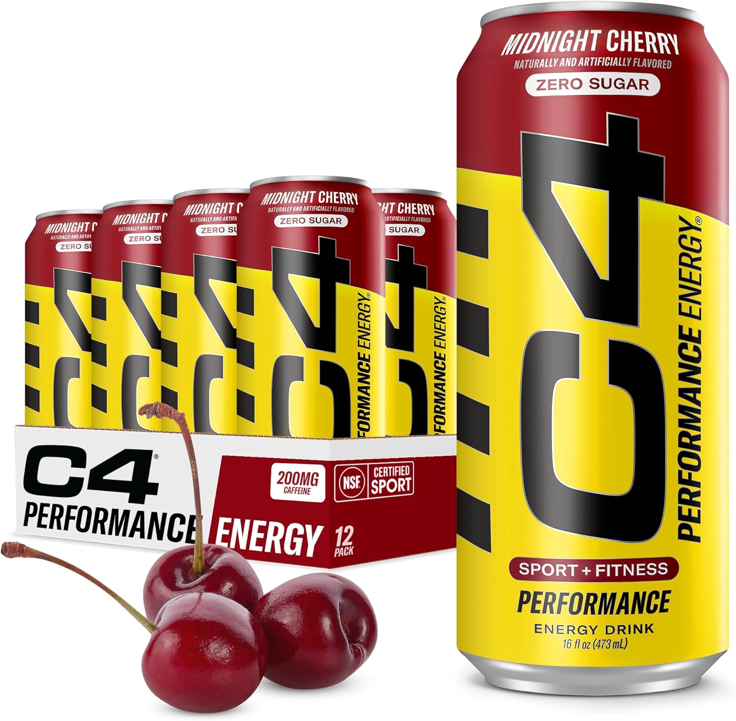 C4 Energy Carbonated Zero Sugar Energy Drink, Pre Workout Drink + Beta Alanine, Midnight Cherry, 16 Fl Oz (Pack of 12)