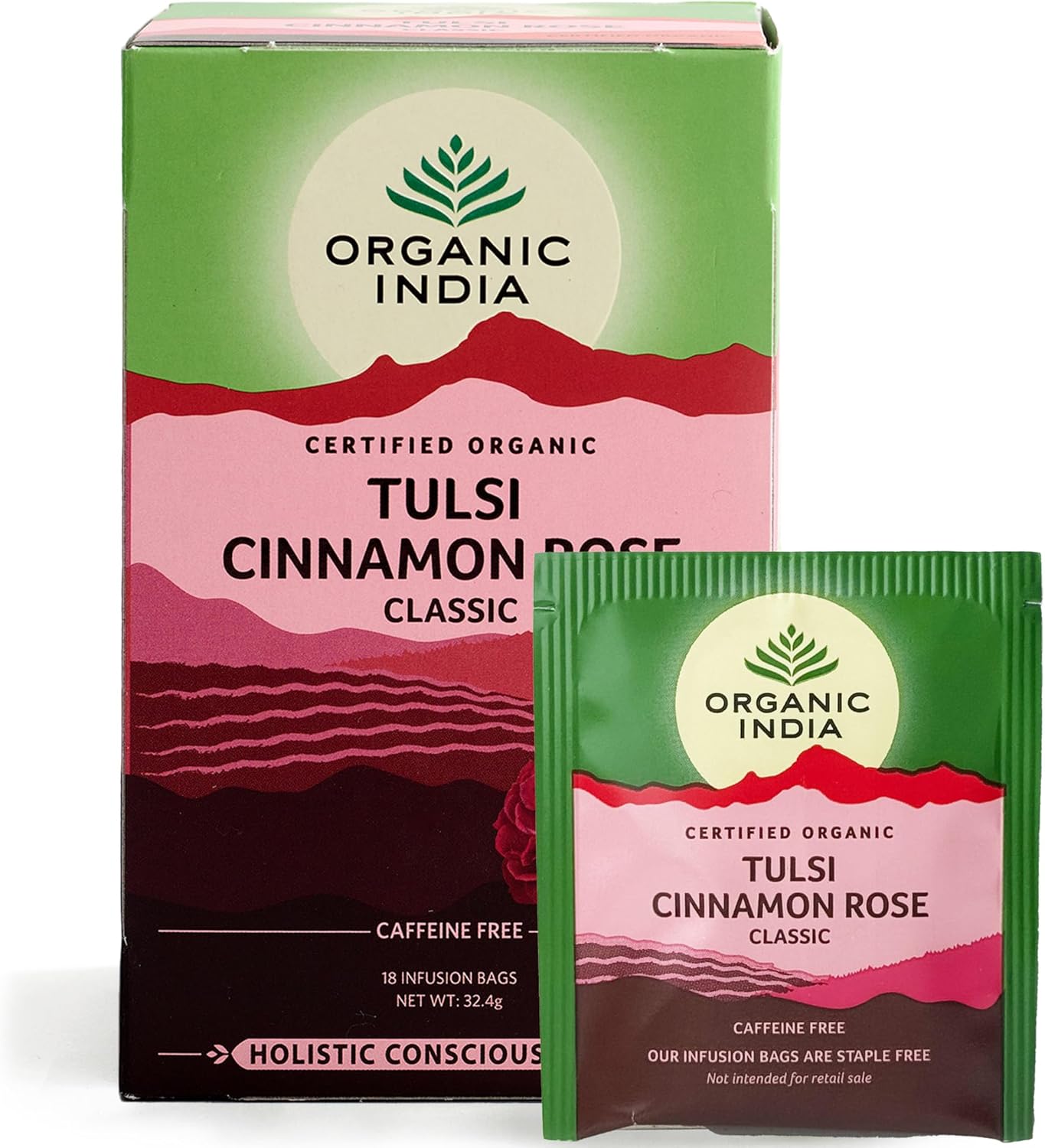 Organic India Tulsi Cinnamon Rose Tea, Caffeine-Free Herbal Infusion, Certified Organic Holy Basil, Rose & Ceylon Cinnamon, 18 Tea Bags