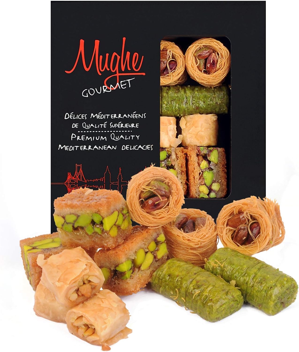Mughe Gourmet Bitesize Turkish Pistachio Baklava Assortment Gift Box - Handmade X-Small Dessert Pastry Gifts - 150g/5.3oz - Celebrate Birthday, Father's and Mother's Day, Christmas