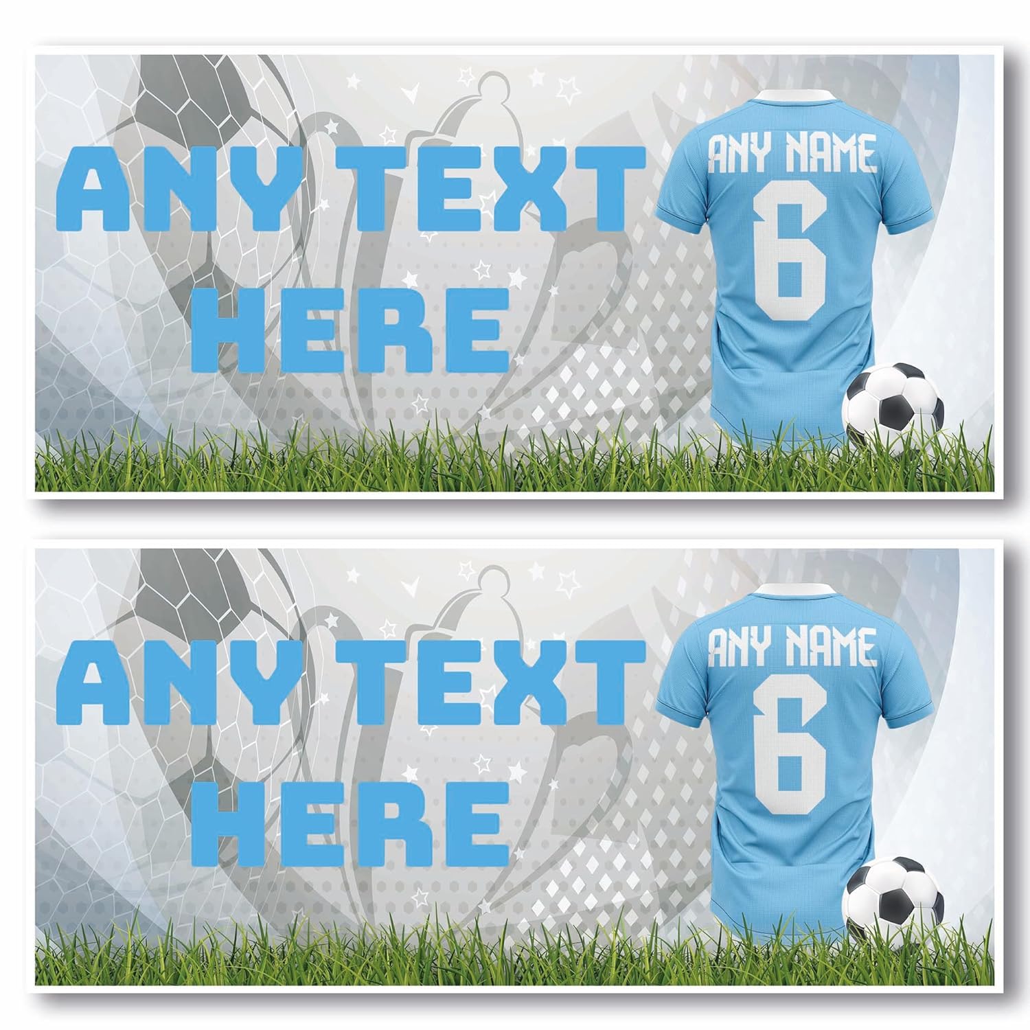 Personalised Football Banner, Jersey Soccer Design, 640mm x 297mm Pack of 2 (Man City Colours)