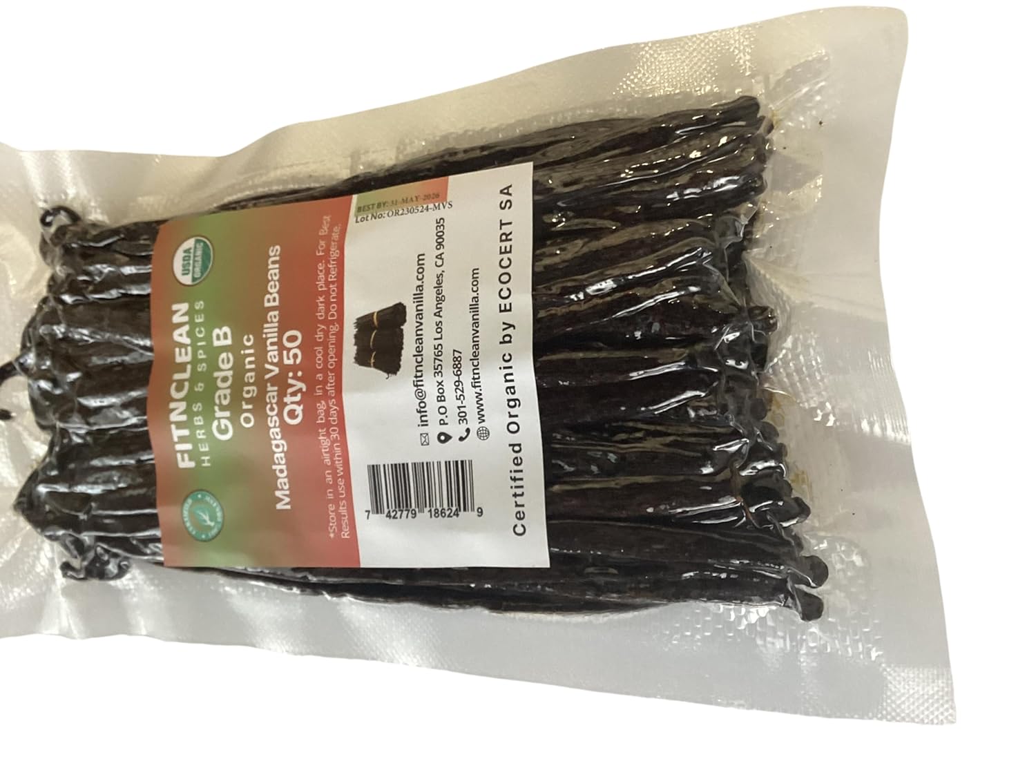 50 Madagascar Organic Vanilla Beans Grade B. Certified USDA Organic. 5"-7" by FITNCLEAN VANILLA for extract, Cooking and Baking. Whole NON-GMO Bourbon Pods