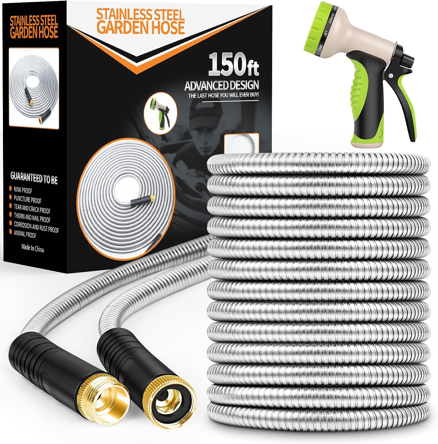 Unywarse Garden Hose 150FT Metal Water Hose with 10 Function Nozzle No-Kink