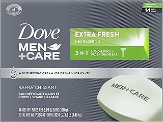 DOVE MEN + CARE Bar 3 in 1 Cleanser for Body, Face, and Shaving to Clean and Hydrate Skin Extra Fresh Body and Facial Cleanser More Moisturizing Than Bar Soap 3.75 oz, 14 Count (Pack of 1)