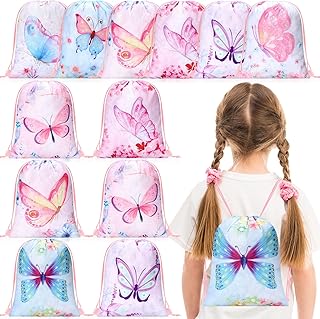 Paterr 12 Pieces Butterfly Drawstring Bags Backpack Bulk Butterfly Party Favor Bags Butterfly Themed Candy Gift Goodie Bag for Girls baby shower Butterfly Birthday Party Favors Decoration Supplies