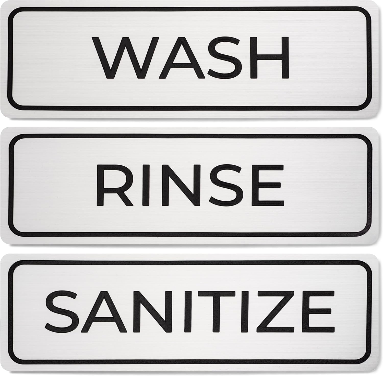 Wash Rinse Sanitize Plastic Sink Labels | Self Adhesive Waterproof Metallic Finish Signs for 3 Compartment Sink, Food Truck, Restaurant, Kitchen Food Safety, 6" x 2"
