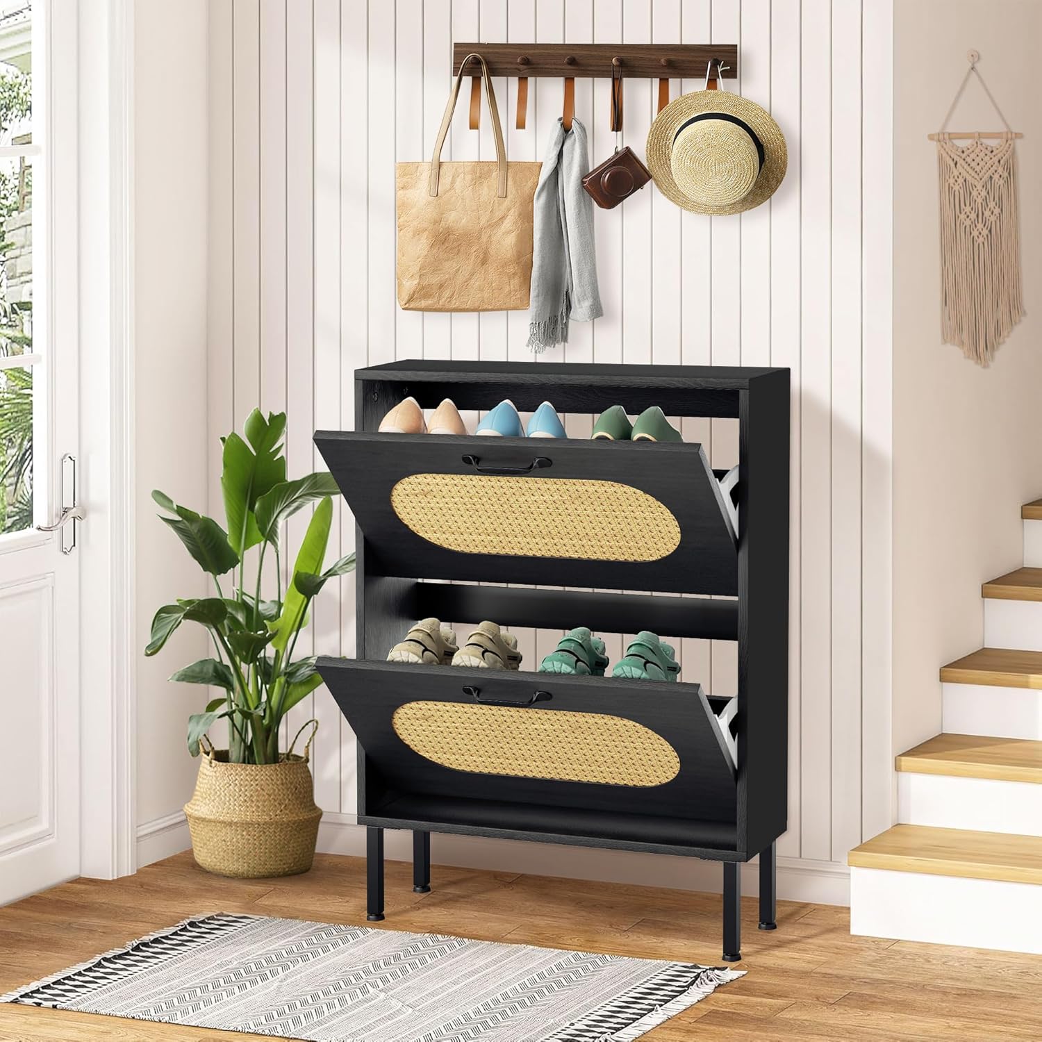 Crownland Shoe Cabinet, Shoe Storage Cabinet with 2 Flip-Out Drawers, Modern Two-Tier Shoe Rack Cabinets for Entryway, Hallway, Living Room(Black)