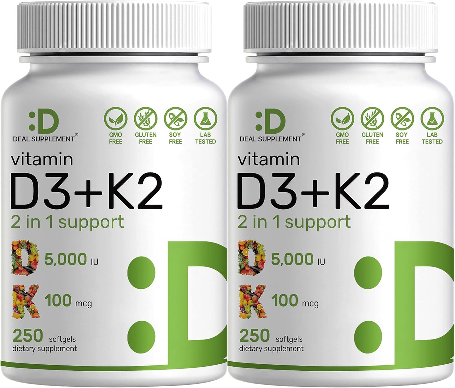 DEAL SUPPLEMENT 2 Pack Vitamin D3 K2 Softgel, 250 Count, 2-1 Complex, Vitamin D3 5000 IU & Vitamin K2 MK7, Promotes Heart, Bone & Teeth Health – Very Easy to Swallow