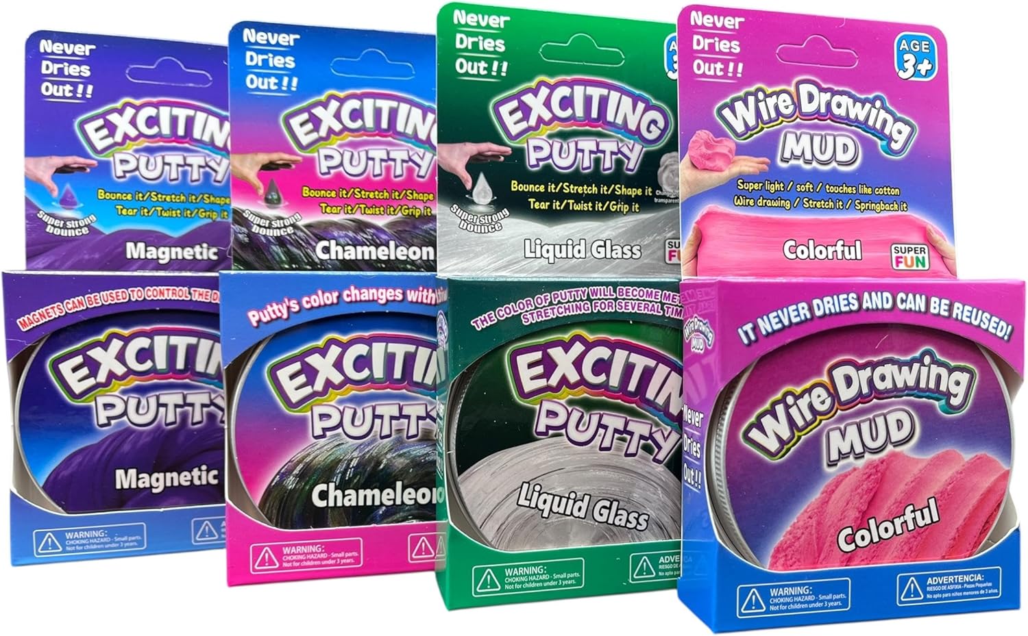 Putty & Mud Set – 4 x Colour Changing Magnetic UV & Liquid Glass Exciting Putties & Wire Drawing Muds – Sensory Therapy Putty & Squishy Fidget Toy Gift Set