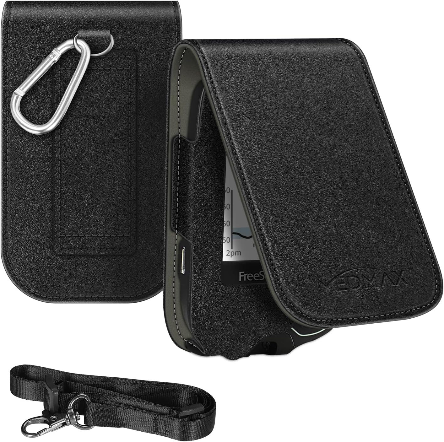 PU Leather Protective Case with Detachable Hanging Lanyard for Freestyle Libre 3 2 / Libre Reader, Lightweight Shockproof Diabetic Storage Neck Sling Carrying Case with Carabiner Clip (Black)