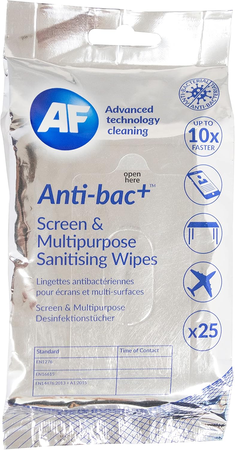 AF Antibacterial Screen Cleaning Wipes – EN1276, EN16615 and EN14476:2013 + A1:2015 For Mobile Phones, Touch Screens, Keyboards, Laptops, Smart Watches & More. Pack of 1