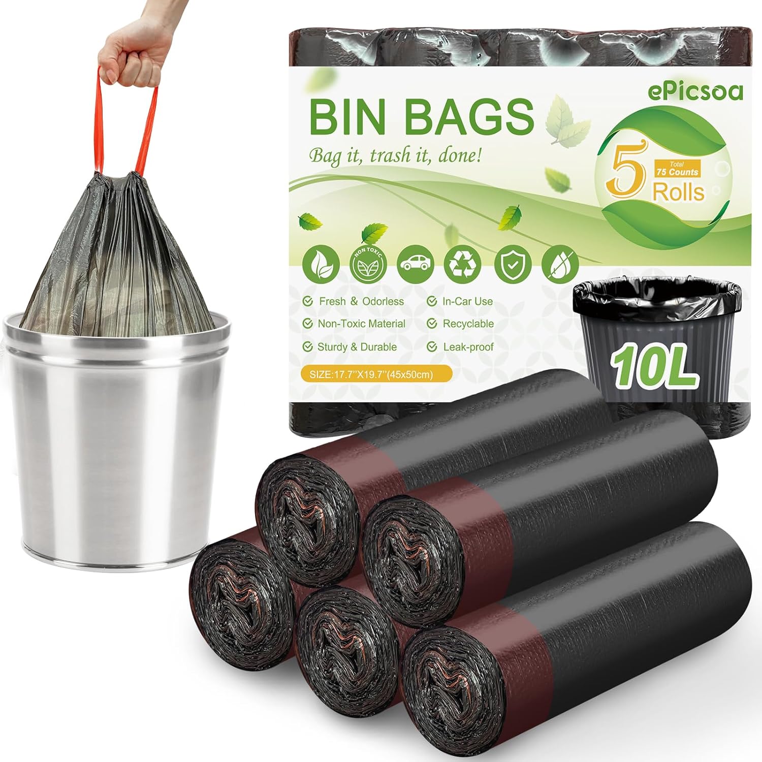 10L Small Bin Bags Drawstring Bin Bag, 75 Counts Bin Liners with Tie Handles Pedal Bin Bags Mini Garbage Bags Drawstring Trash Bags for Car, Office, Bathroom, Bedroom (Black, 10L)