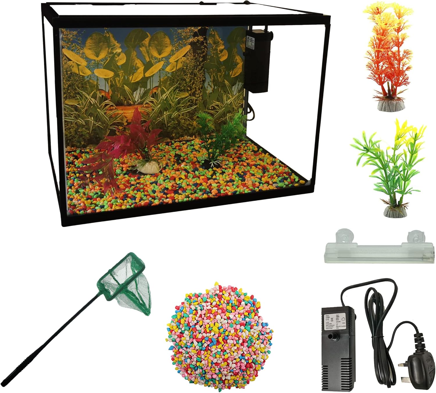 LED Glass Aquarium Fish Tank Starter Kit With Fish Net, Led Light and Air Pump Filter (26L)