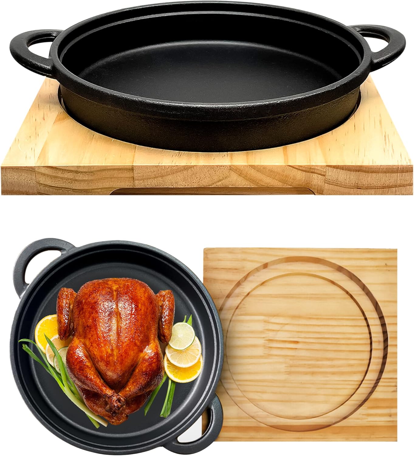 Crystals Cast Iron Cookware Frying Pan Grill Backing Pot Skillet with Wood Serving Board, 10 Inch (26 cm) Cast Iron Pan - 3 Kg