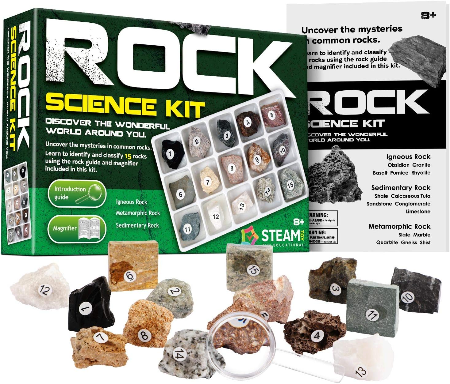 Mineral Rock Stone Collection Kit, Rock Samples Science Kit for Kids – 15 Genuine Samples (Obsidian, Granite, Quartzite & More), STEM Education & School Experiments, Identification Set