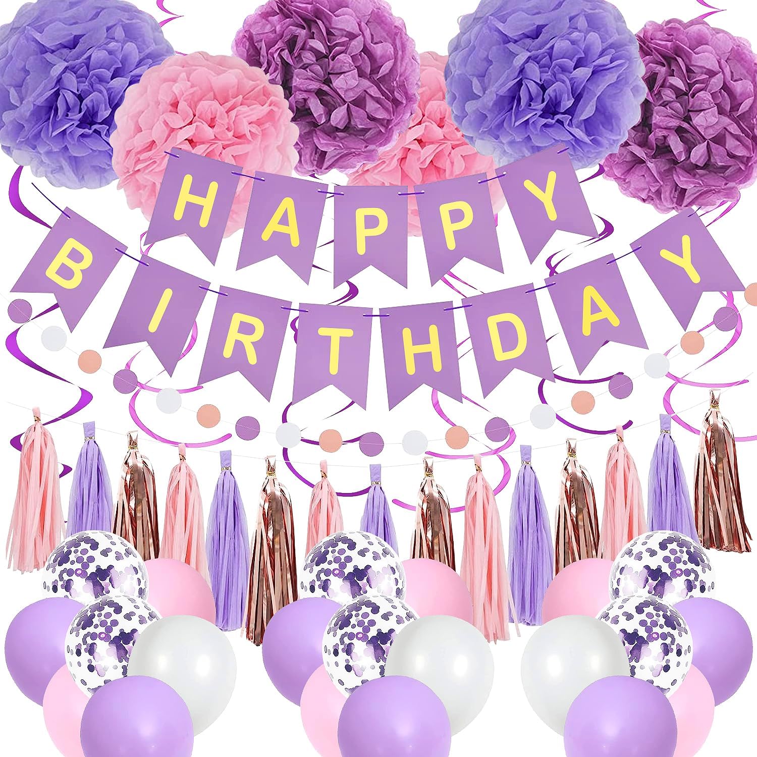 Purple Pink Birthday Party Decorations for Women Girls with Happy Birthday Banner,Hanging Swirls,Tissue Paper Pompoms,Circle Dots Garland,Tassel Garland Purple Balloons