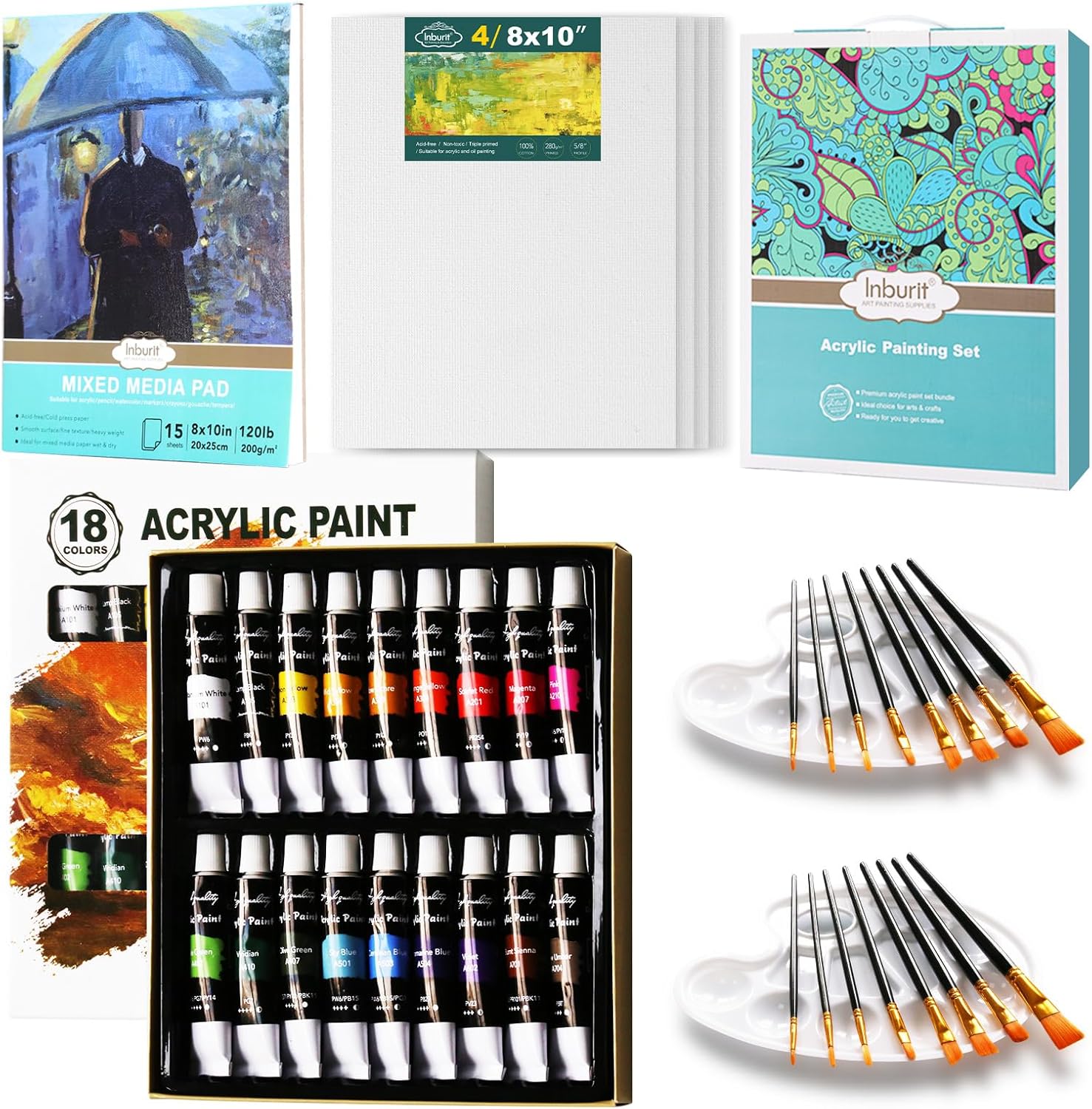 Inburit Paint Set, Sip and Paint Kit, Art Supplies Painting Kit with 18 Color Acrylic Paints, 4 Blank Canvas, 1 Drawing Pad, 2 * 8 Brushes, 2 Palette, Best Gift for Student Kids Adults