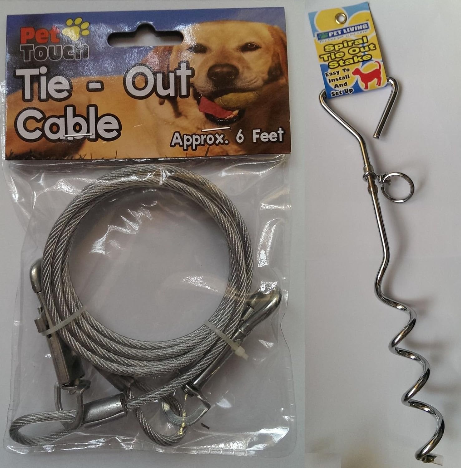 Dog 6ft Garden Tie Out Cable Pet Lead Strong Wire with Spiral Ground Stake Spike (Silver)