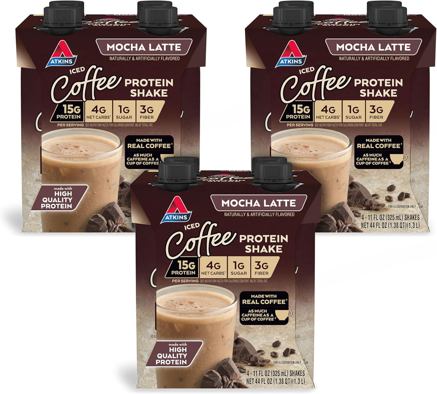 Atkins Mocha Latte Iced Coffee Flavored Protein Shake, High Protein, Low Glycemic, Low Carb and Low Sugar Shakes, Keto-Friendly, 12 Pack