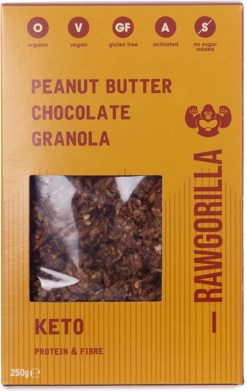 Raw Gorilla Keto Peanut Butter Chocolate Granola 1 Pack of 250g | Low Sugar, Vegan, No Added Sugar, Low Carb 4g Net Carbs, Plant Based Breakfast Cereal with Activated Nuts, Grain & Gluten Free