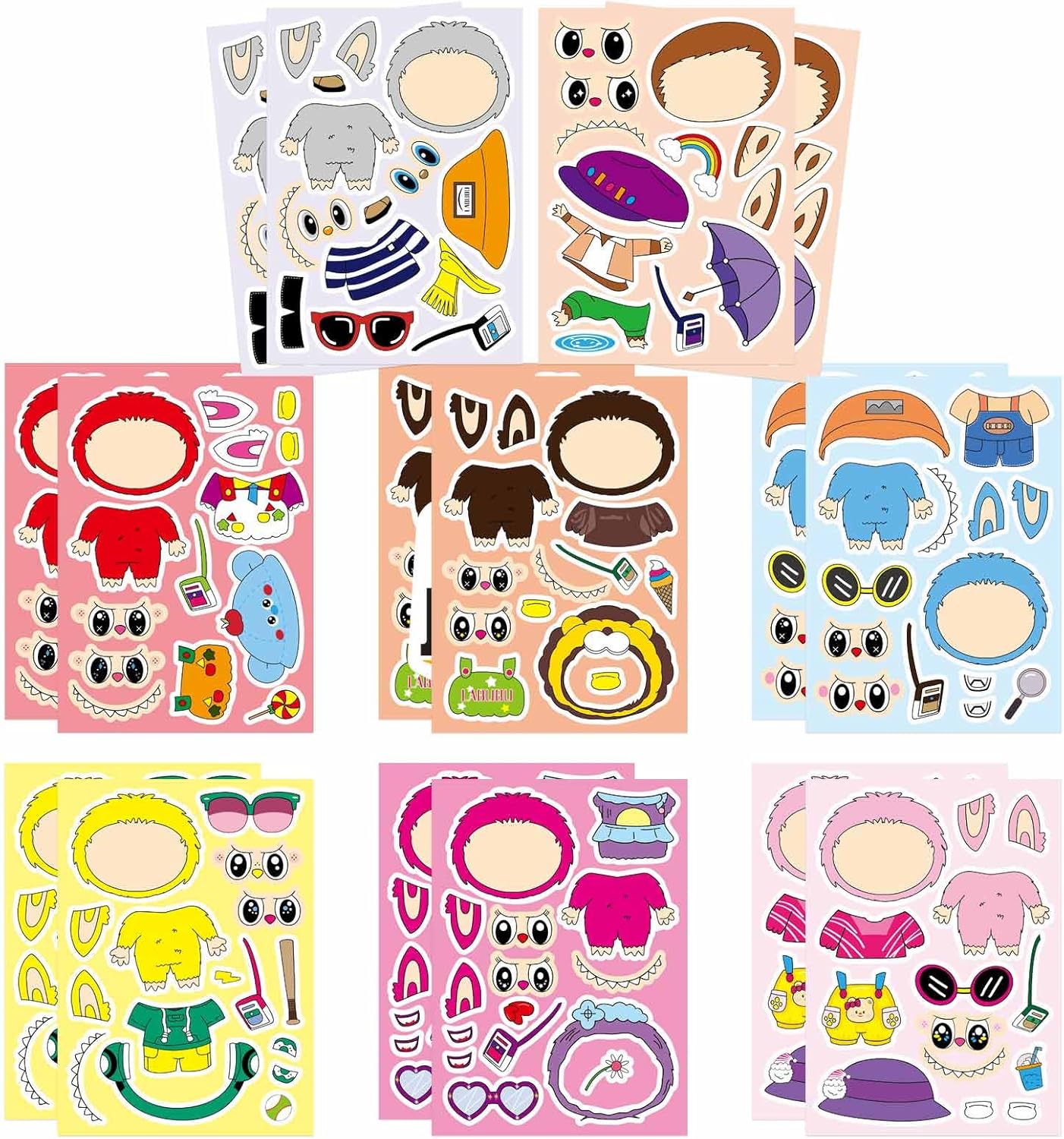 16pcs 9"x6" Labubu Stickers for Girls, Make Your Own Stickers Party Favors Labubu Make A Face Sticker for Kids Party Favors Classroom Teacher Rewards, Art Craft Supplies