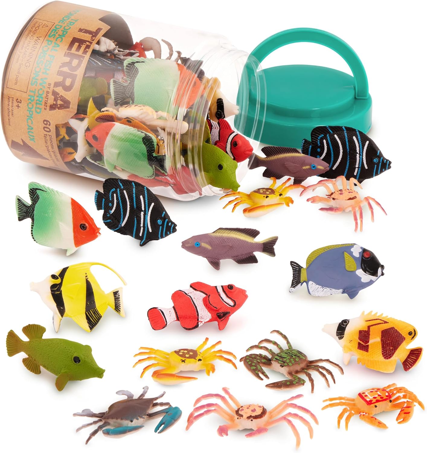 Terra by Battat - 60 Tropical Fish World in Tube - Assorted aquatic sea miniature, clown fish, blue surgeon fish, crabs & more, figurines for kids 3 Years + (60 Pc)