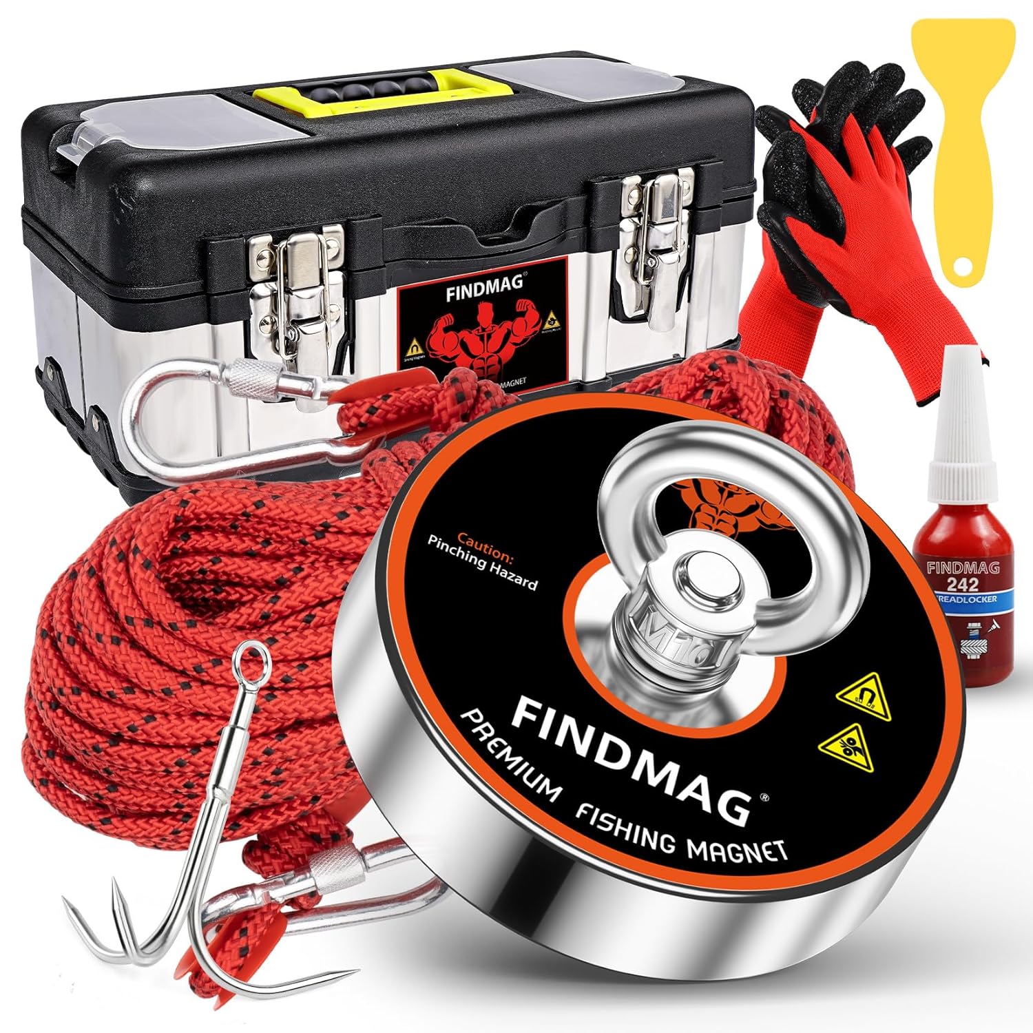 FINDMAG Magnet Fishing Kit, Heavy Duty Magnets for Magnet Fishing, 1000lbs Pulling Force, Including a 20 Meter Rope, a Carry Case, Gloves, a Grappling Hook, a Yellow Scraper, 3.54" Diameter