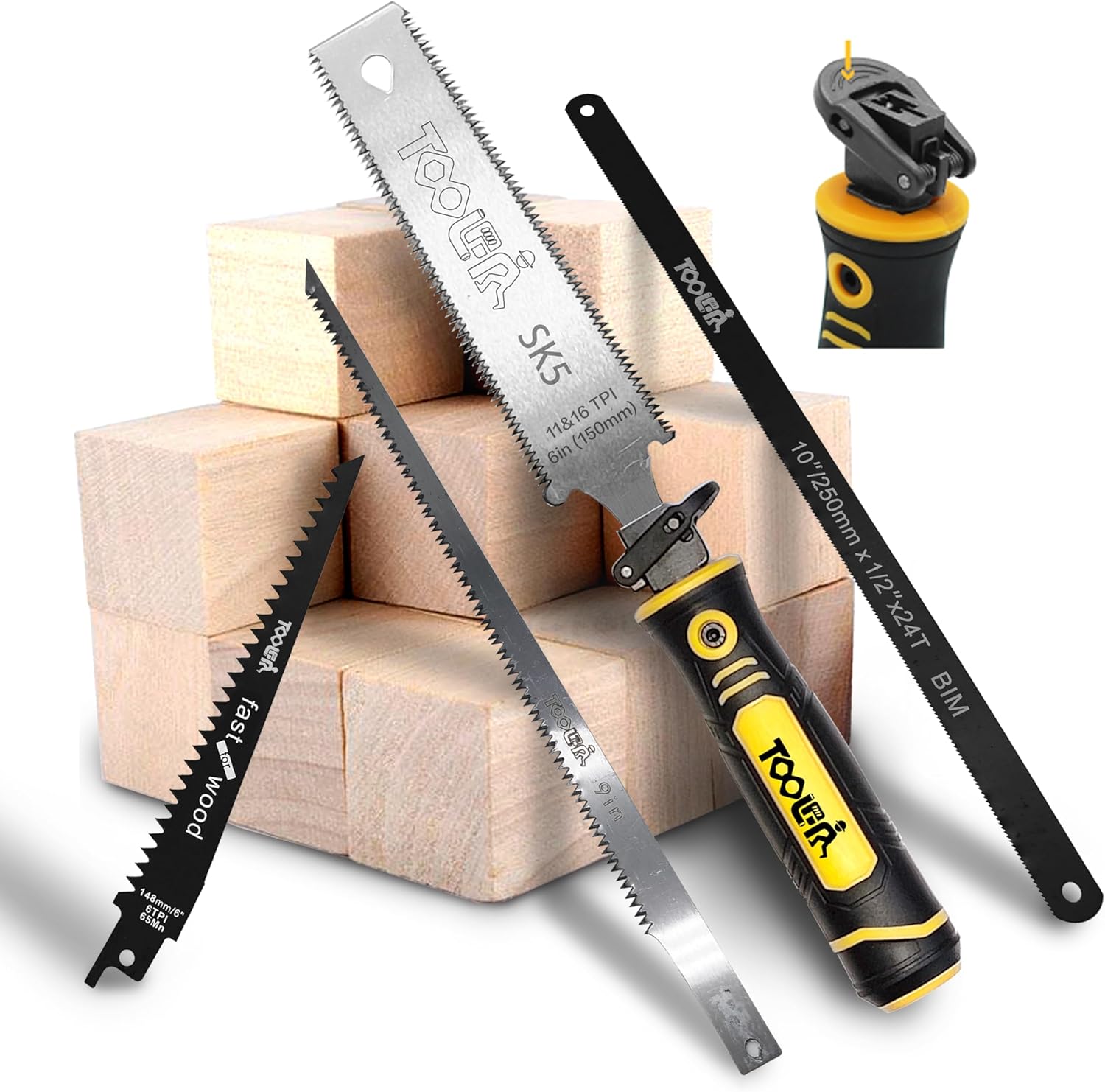 TOOLAN: 5-In-1 Multi Blades Hand Saw, 6 Inch(11T/16T) Double Edges Japanese Pull, DrywallSaw, HackSaw, Jab Saw, for Woodworking, Hard/Soft woods cutting, Metal, Blade Quick Change Mechanism.