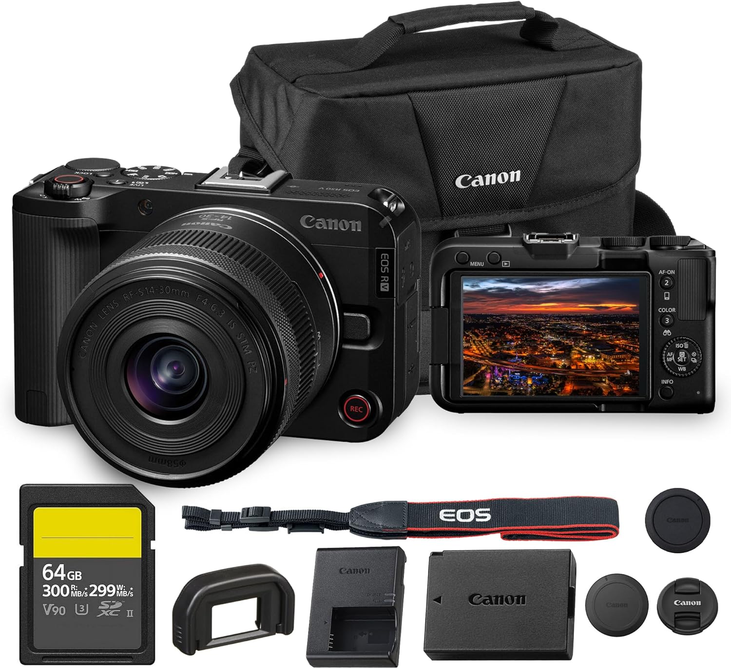 Canon EOS R50 V Mirrorless Camera with 14-30mm f/4-6.3 RF-S Lens | 4K Video, Dual Pixel Autofocus, Flip Screen | Compact RF Mount Vlog Camera Kit with Shoulder Bag and 64GB Card