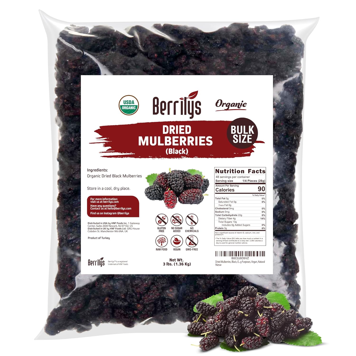 Dried Mulberries, Black, Organic, Berrilys, 3 LB, Dried Mulberry, Non-GMO, Unsulfured, Raw, Healthy Snacking, Great Ingredient for Baking Purposes, Vegan, Natural