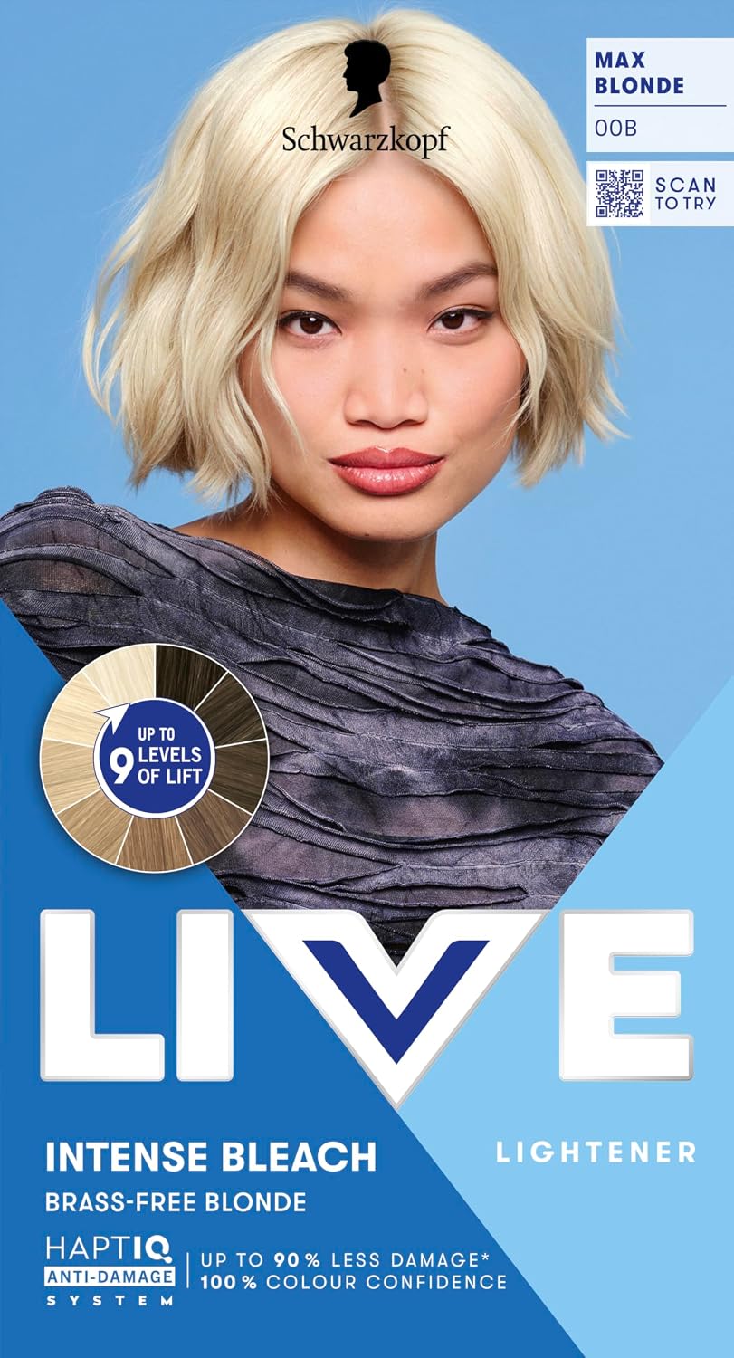 Schwarzkopf LIVE Intense Bleach 00B Max Blonde Hair Lightener, Intense Bleach for up to 9 Levels of Lift, Anti-Yellow Effect, Anti-Damage System