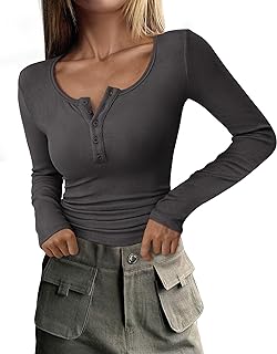 PRETTYGARDEN Women's 2024 Fall Long Sleeve Henley T Shirts Button Ribbed Knit Slim Fit Casual Basic Tops Blouse