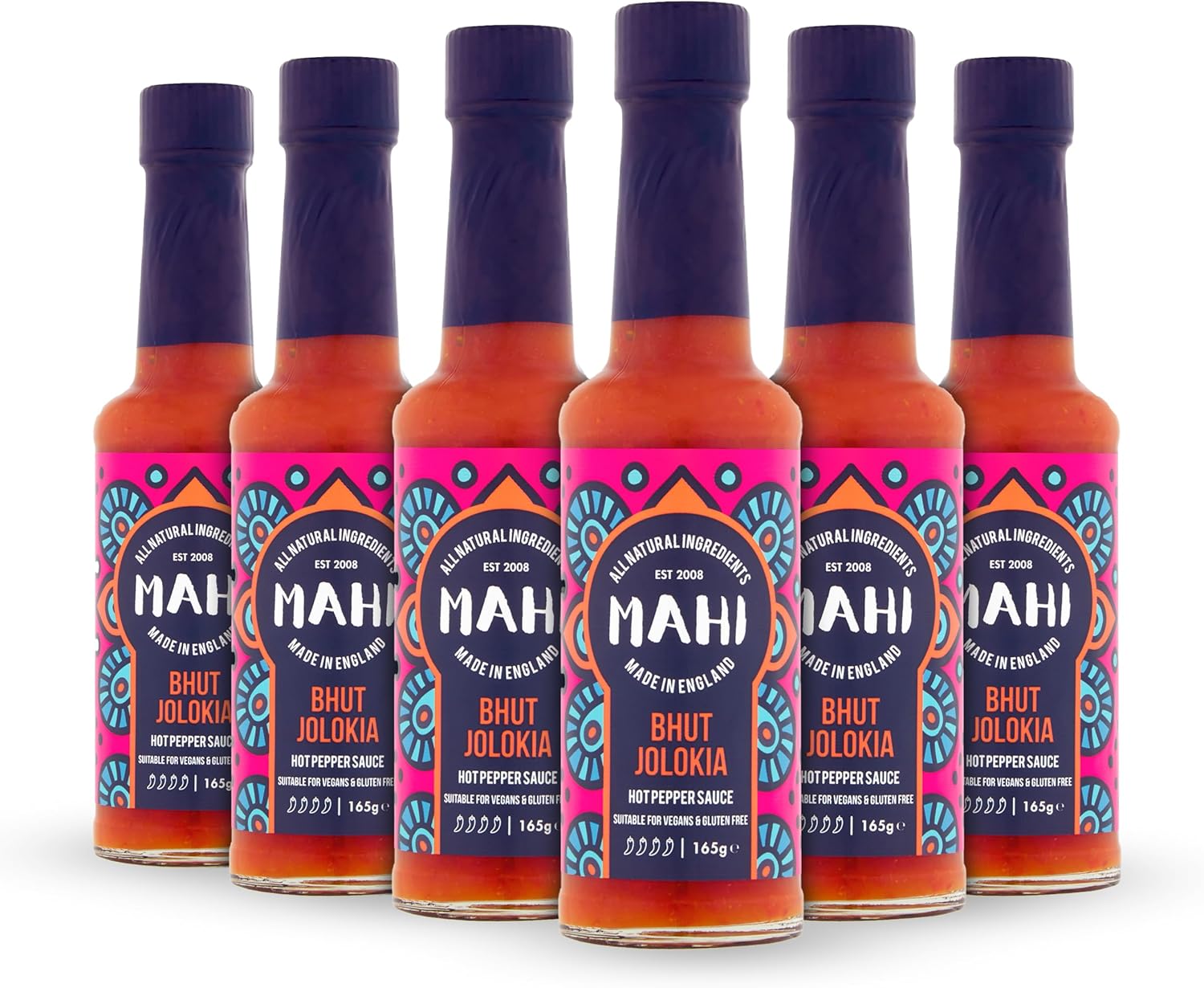 MAHI Hot Chilli Sauce | Vegan & Gluten Free | No Artificial Colours or Flavours (165 g (Pack of 6), Bhut Jolokia)