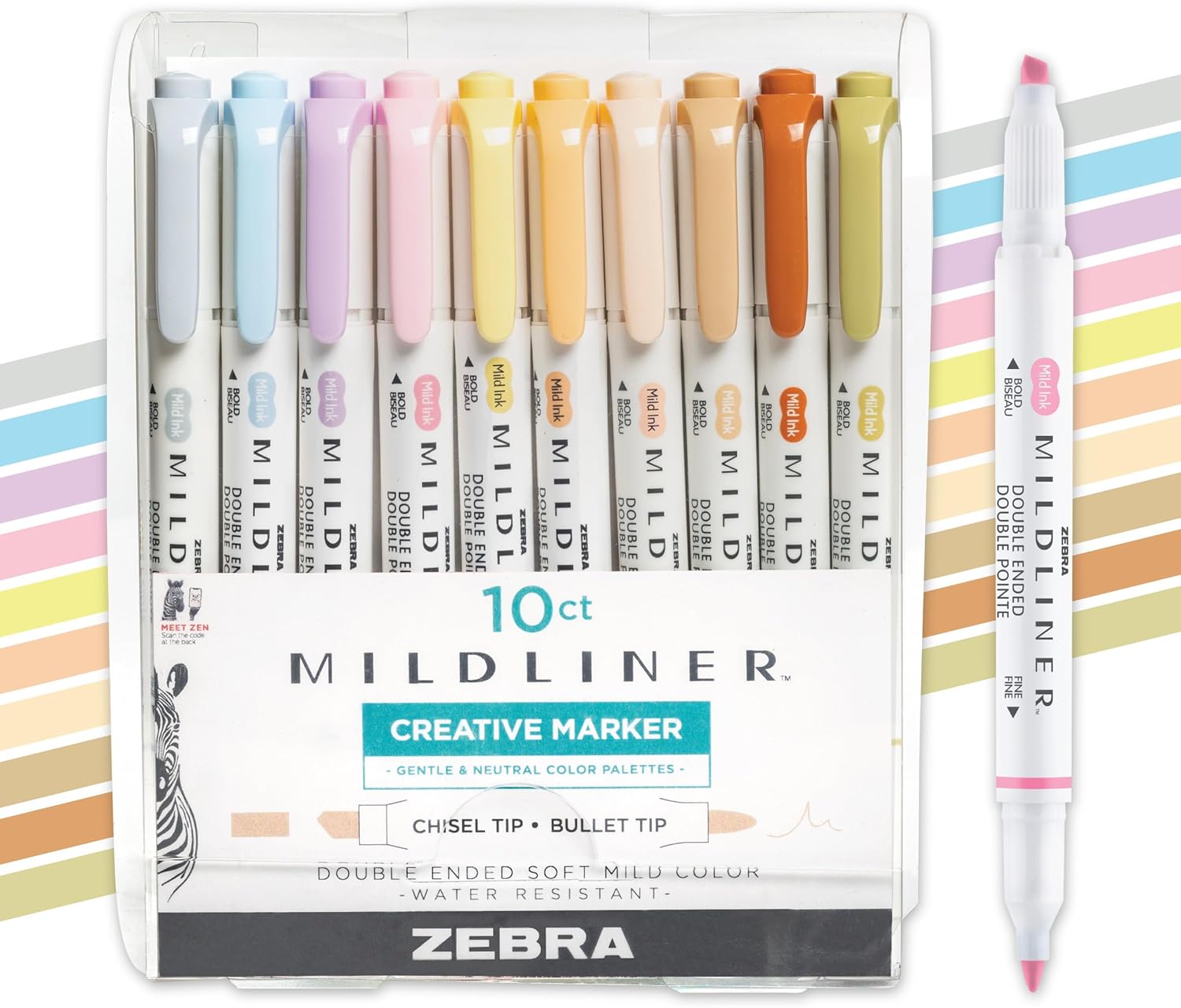 Zebra Pen Mildliner Double-Ended Highlighter Set, Chisel and Bullet Point Tips, Ideal for Bible Highlighting, No Bleed Assorted Neutral and Gentle Ink Colors, 10-Pack (78701)