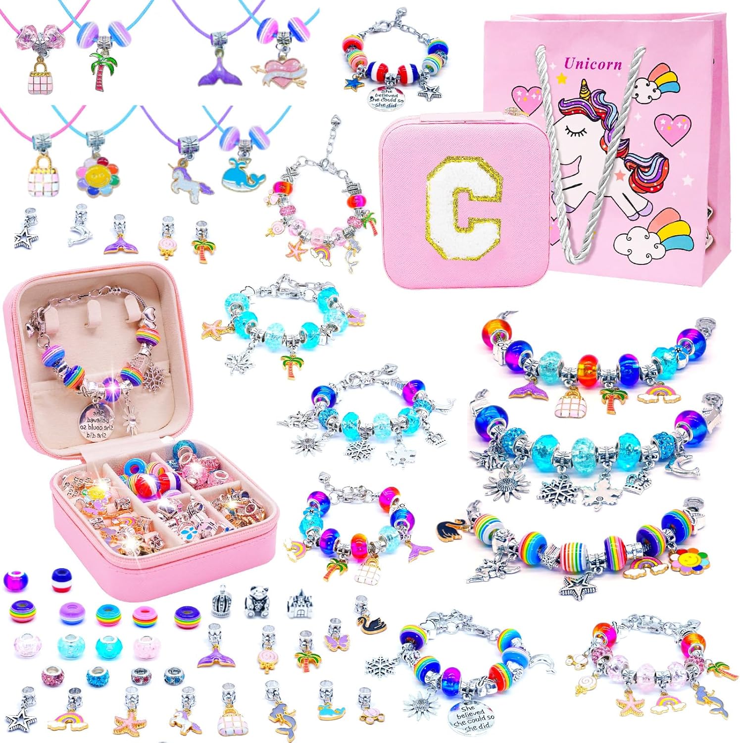 SUREHOME Charm Bracelet Making Kit, Art and Crafts for Girls 8-12 Girls Toys Age 6-8 Kids Jewelry Making Kit with Box Personalized Christmas Gifts for 5 7 8 9 10 11 12 Years Old Birthday Trendy Stuff