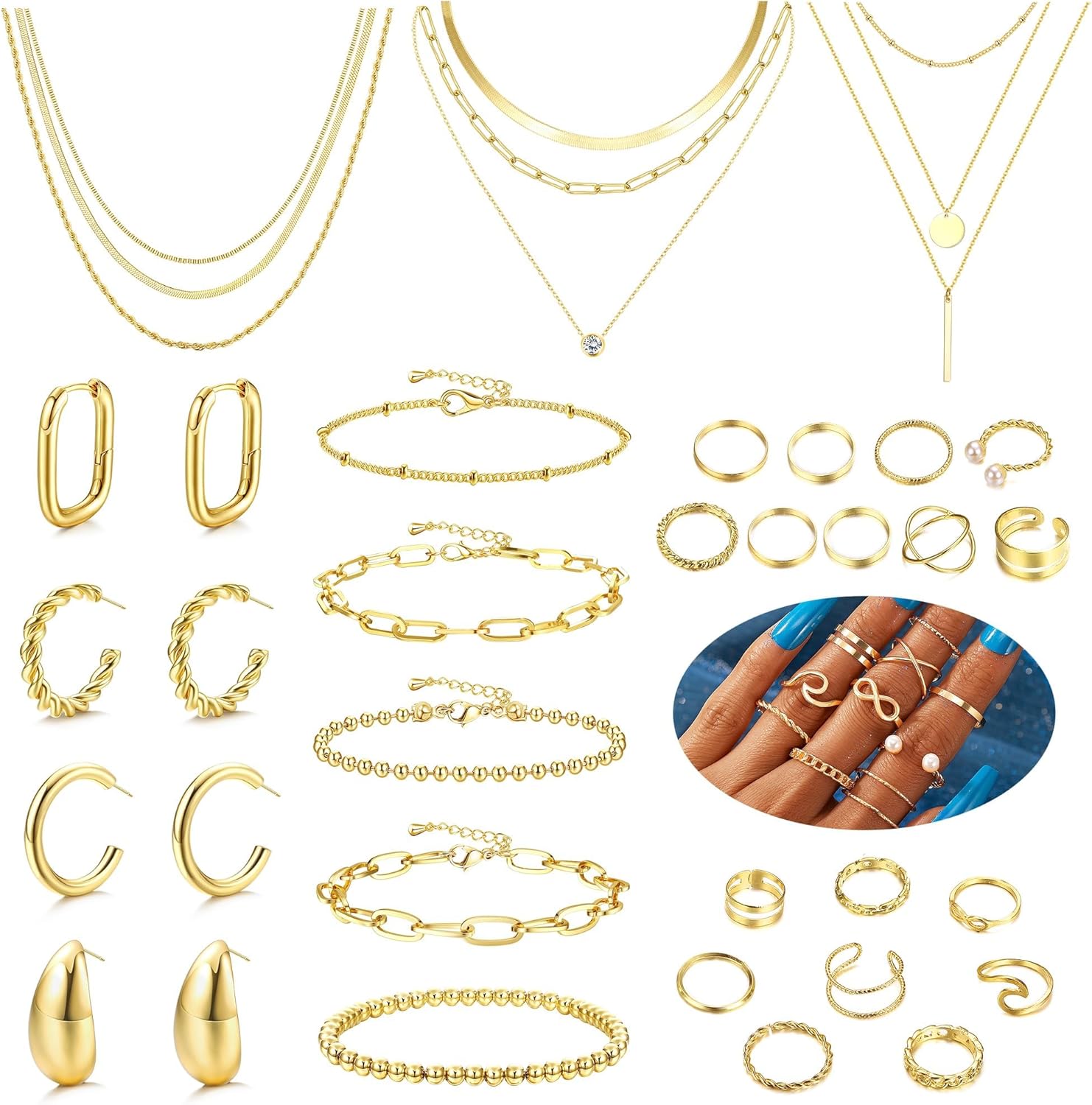 35Pcs Gold Jewellery Set for Women With 9 Layered Necklaces,17 Knuckle Rings,4pairs Chunky Hoop Earrings and 5 Golden Bracelet Set - Gold Costume Jewellery Sets for Women