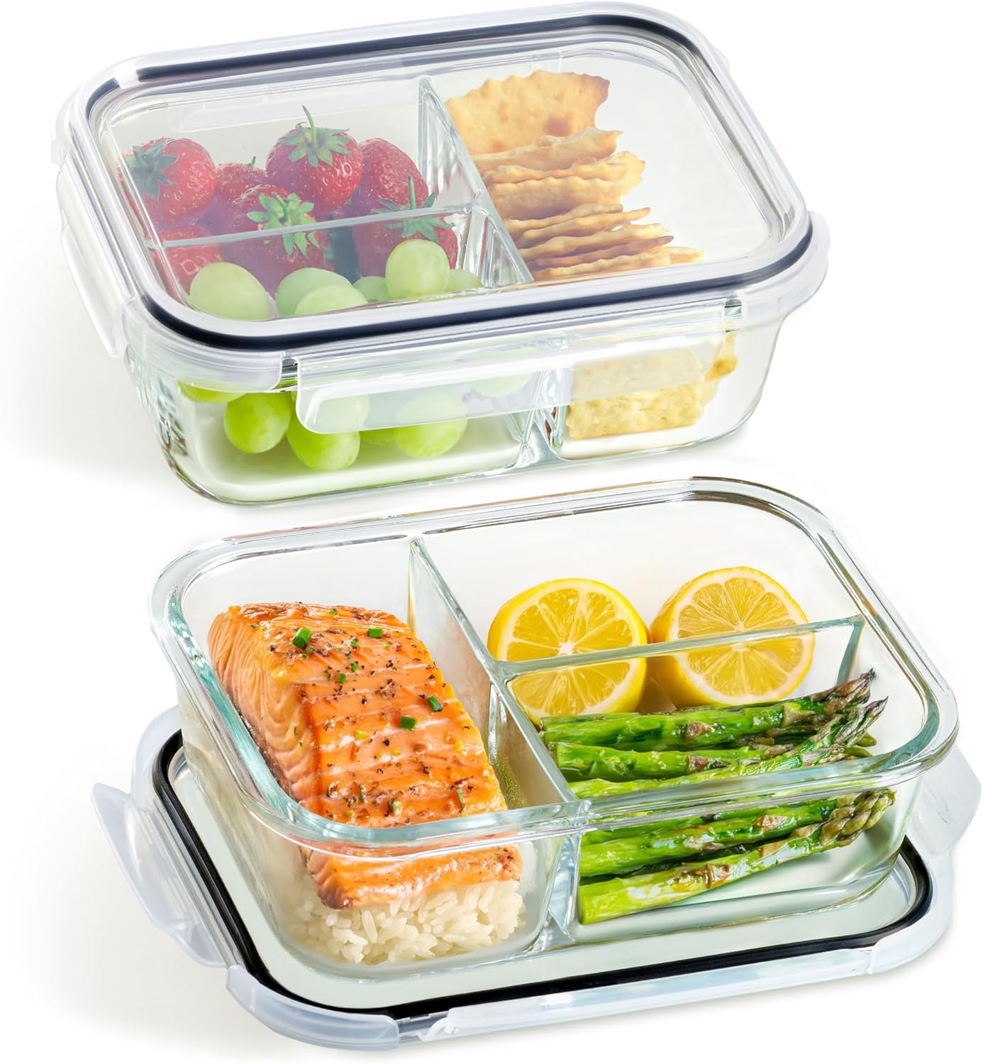 Praknu Glass Containers with Lids - Set of 2 Meal Prep Glass Containers with 3 Compartments – 1 Litre – Airtight – Suitable for Dishwasher, Microwave & Oven