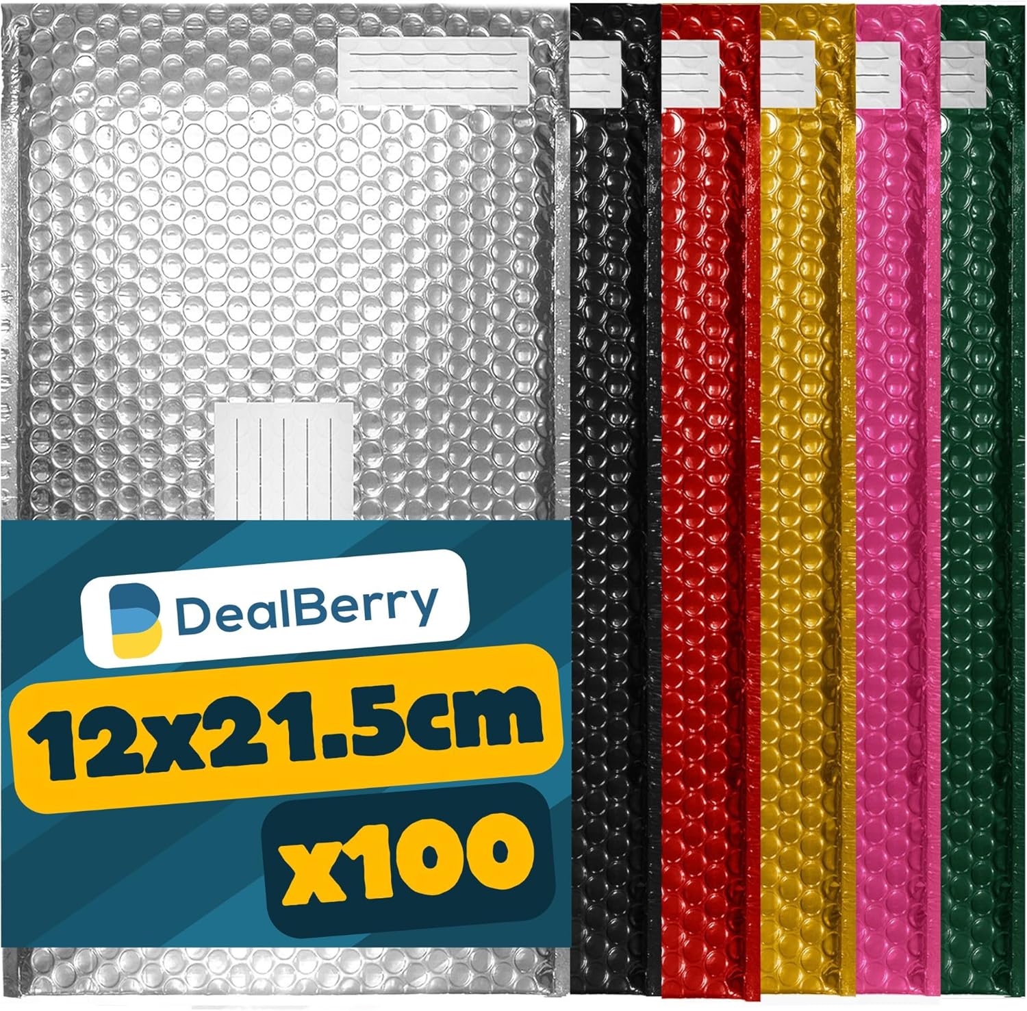 100 Pack Metallic Bubble Envelopes | Large Padded Envelopes | Size (120 x 215mm) | Bubble Wrap Envelope | Packaging Bags | Bubble Mailer | Small Business | Assorted Colours | Address & Return Box