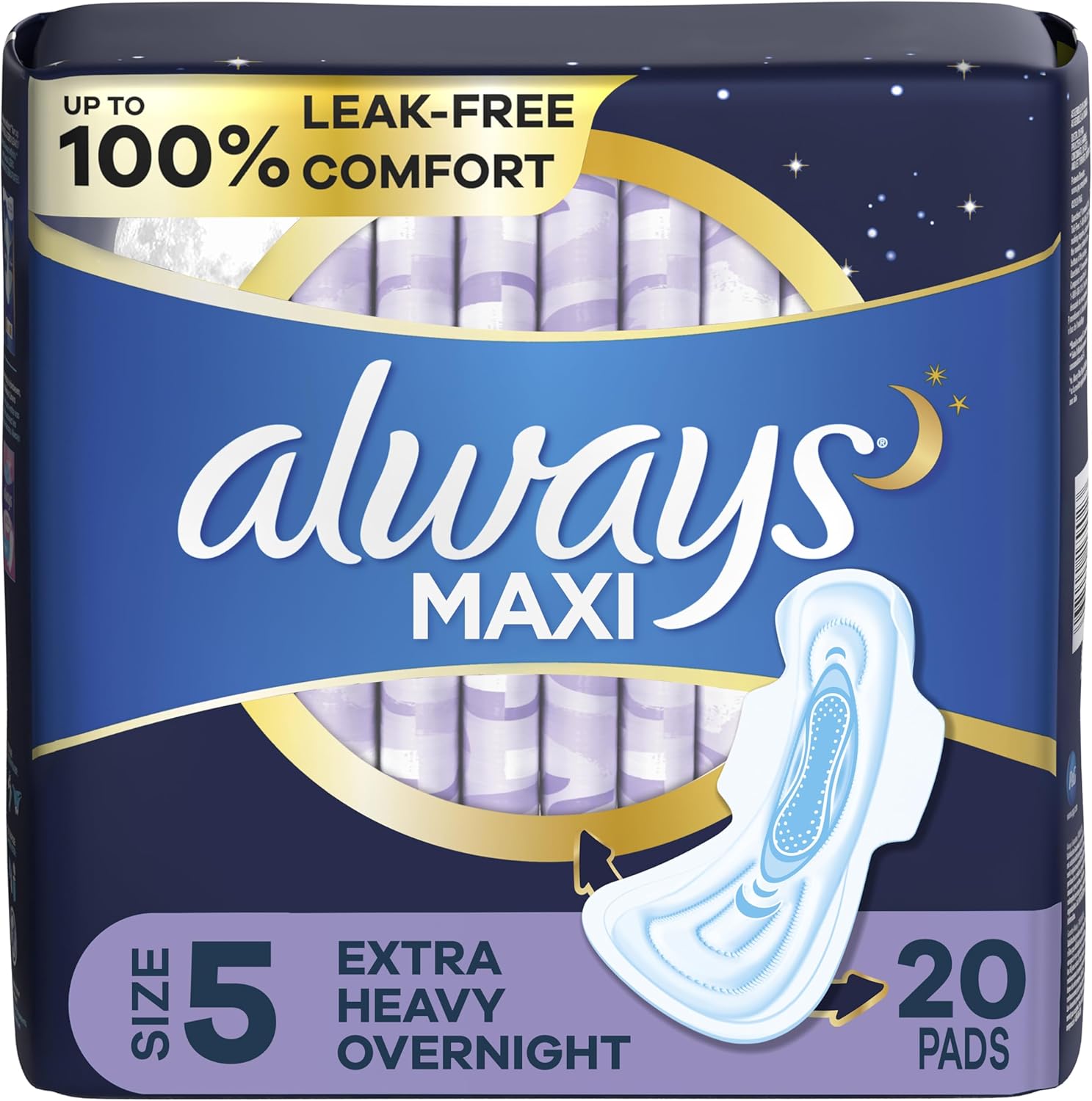 Always Maxi Feminine Pads for Women, Size 5 Extra Heavy Overnight Absorbency, with Wings, Unscented, Pack of 20