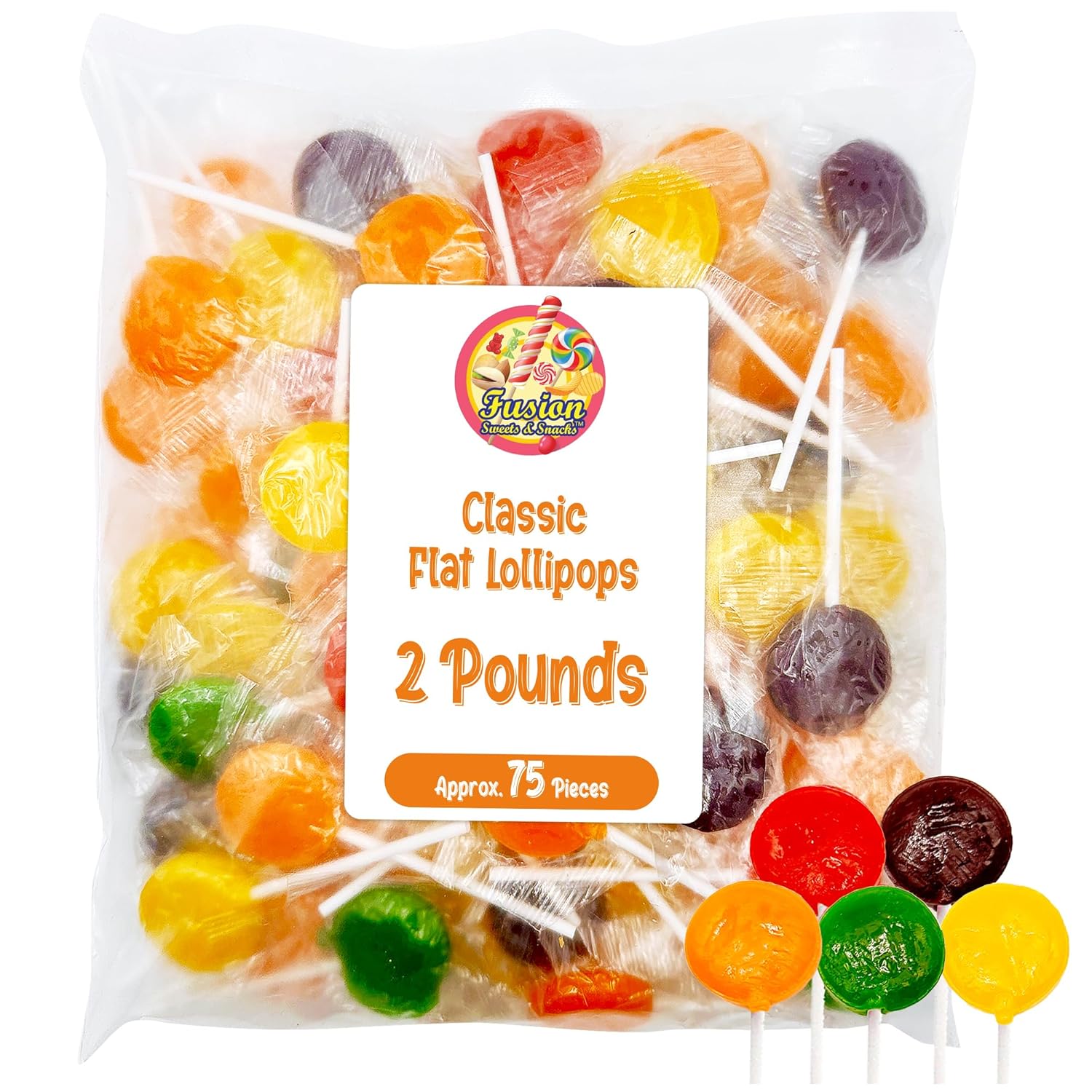 Lollipops Individually Wrapped - 2 Pound (About 75 pcs.) Bulk Suckers for Kids - Classic Lollipops Bulk Flats -5 Assorted Fruit Flavors
