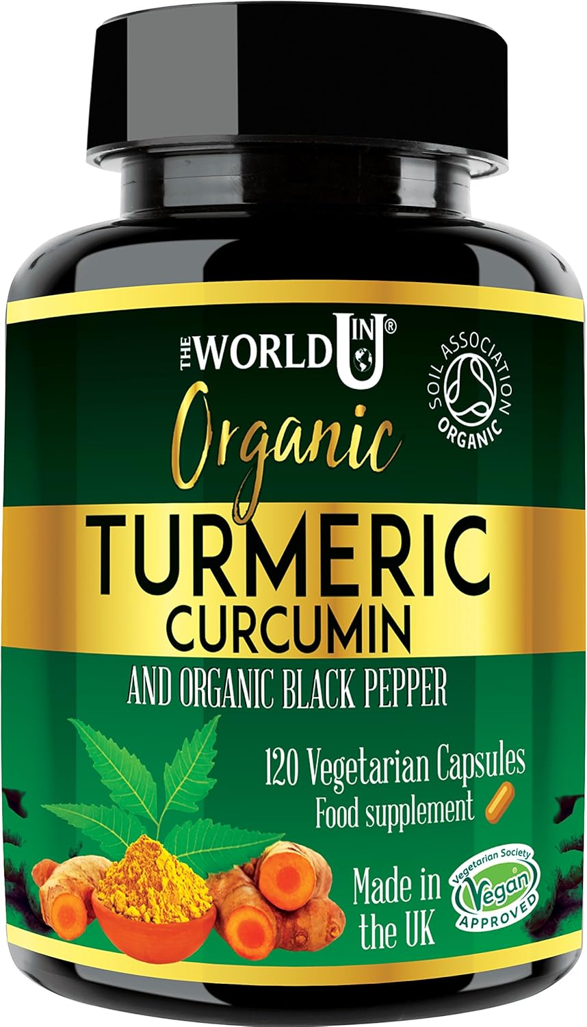 Ultra Pure Organic Turmeric Curcumin and Organic Black Pepper Capsules High Strength Food Supplement 120 Veg Capsules Soil Association Organic Certified and Vegetarian Society Approved - Made in UK