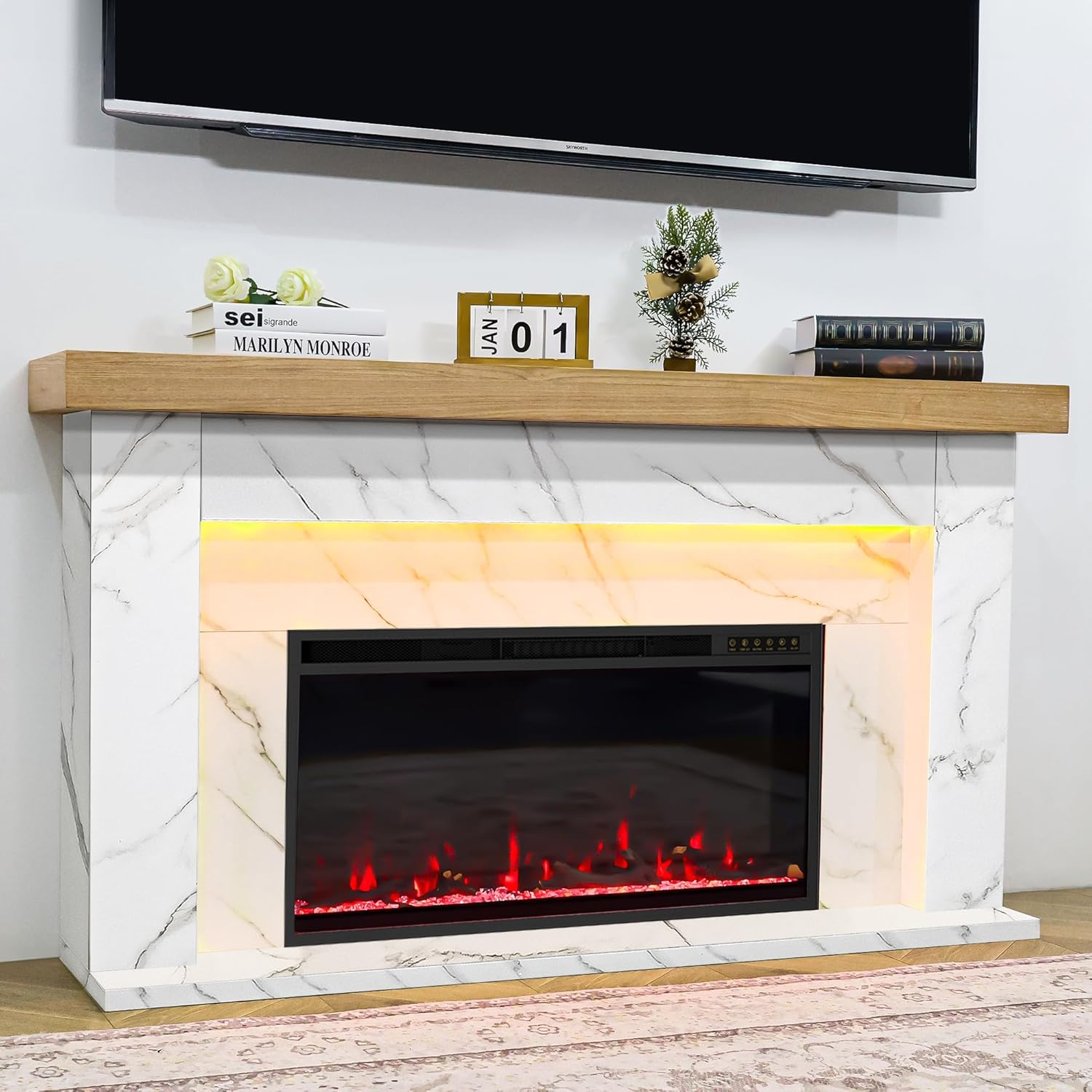 62" Electric Fireplace Mantel, Fireplace TV Stand with 36" Fireplace Insert for Livingroom/Bedroom, Realistic 3D Flame & 15 LED Colors, Remote Control, 750/1500W Heats, Full Marble Finish