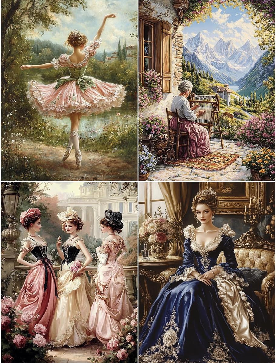 4 Packs Creative Elegant Ladies Theme Cross Stitch Painting Kits for Beginners Stamped Cross-Stitch Supplies Needlework preprint Embroidery Kits for Adults DIY Needlepoint Kits Embroidery Patterns