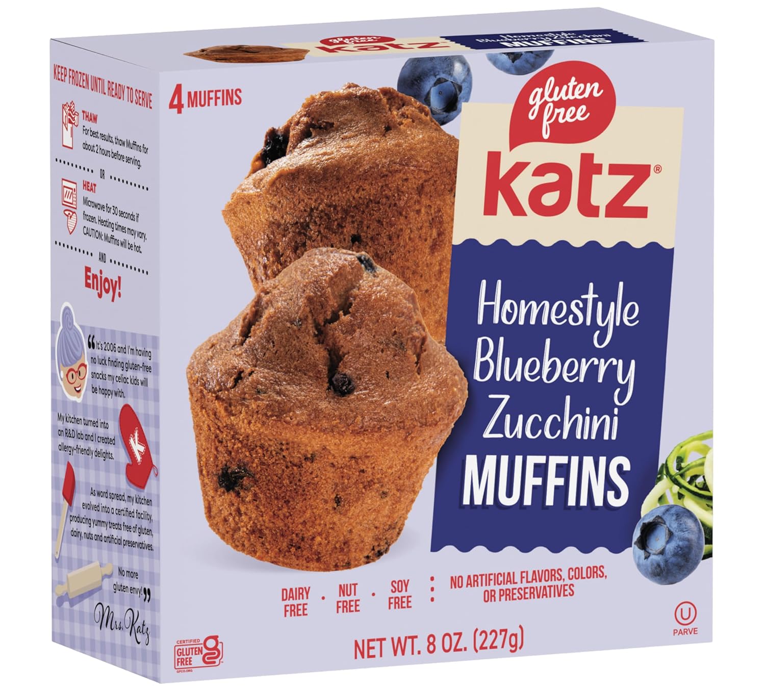 Katz Gluten Free Homestyle Blueberry Zucchini Muffins, Healthy Snacks For Kids Made with Fresh Zucchini, Dairy Free, Nut Free, Soy Free, Oat Free. 4 Individually Wrapped Muffins. 8 oz (1 Pack)
