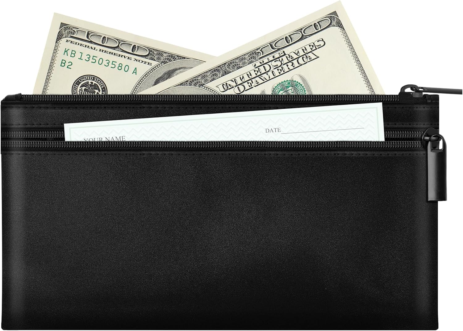 HAUTOCO Money Bags, Money Envelopes with Zipper, Cash Pouches Cash Bags for Banking, PU Leather Money Wallet with Dual Pockets for Business Office, Travel Pouch for Passport Bills, Black
