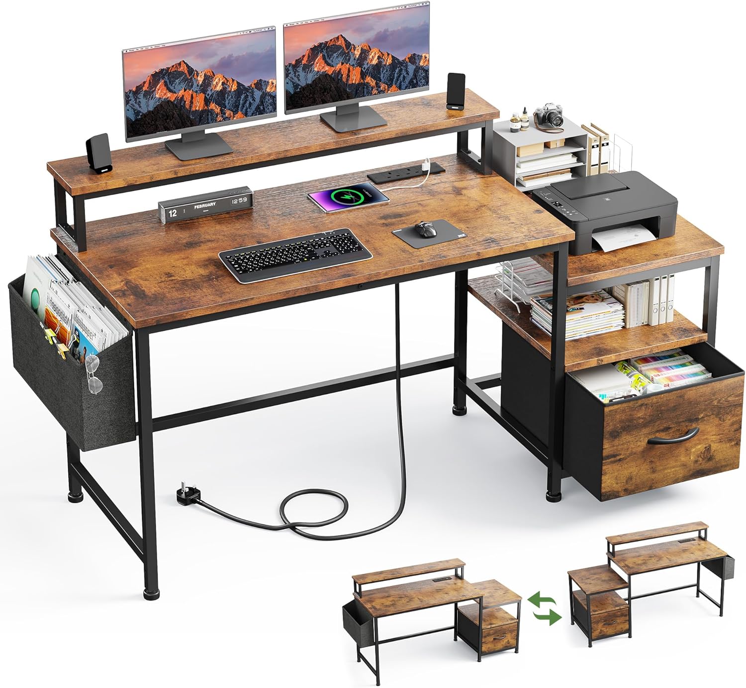 EnHomee Gaming Desk-140x50CM Corner Computer Desk with Fabric Drawers, Sturdy Home Office Desk with Charging Port & Power Outlet & Monitor Shelf, Reversible L Shaped Gaming Desk for Study Table