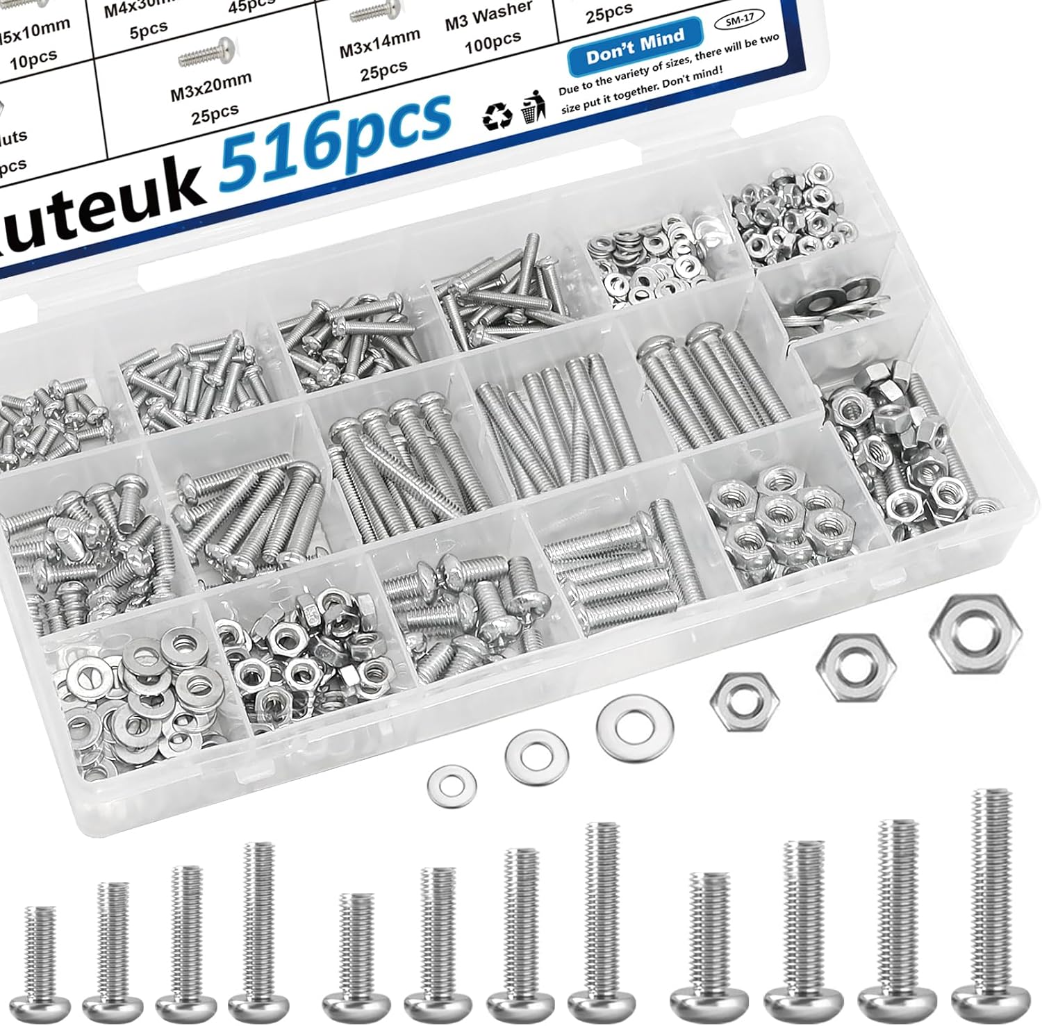 mxuteuk 516 Pcs Nuts and Bolts Assortment Kit 21-Sizes Screws Bolts and Nuts Assortment Kit M3/M4/M5/M6 Metric Machine Screws/Nuts/Bolts/Flat Washers Phillips Slotted Pan Head Hex Bolts and Nuts Sets